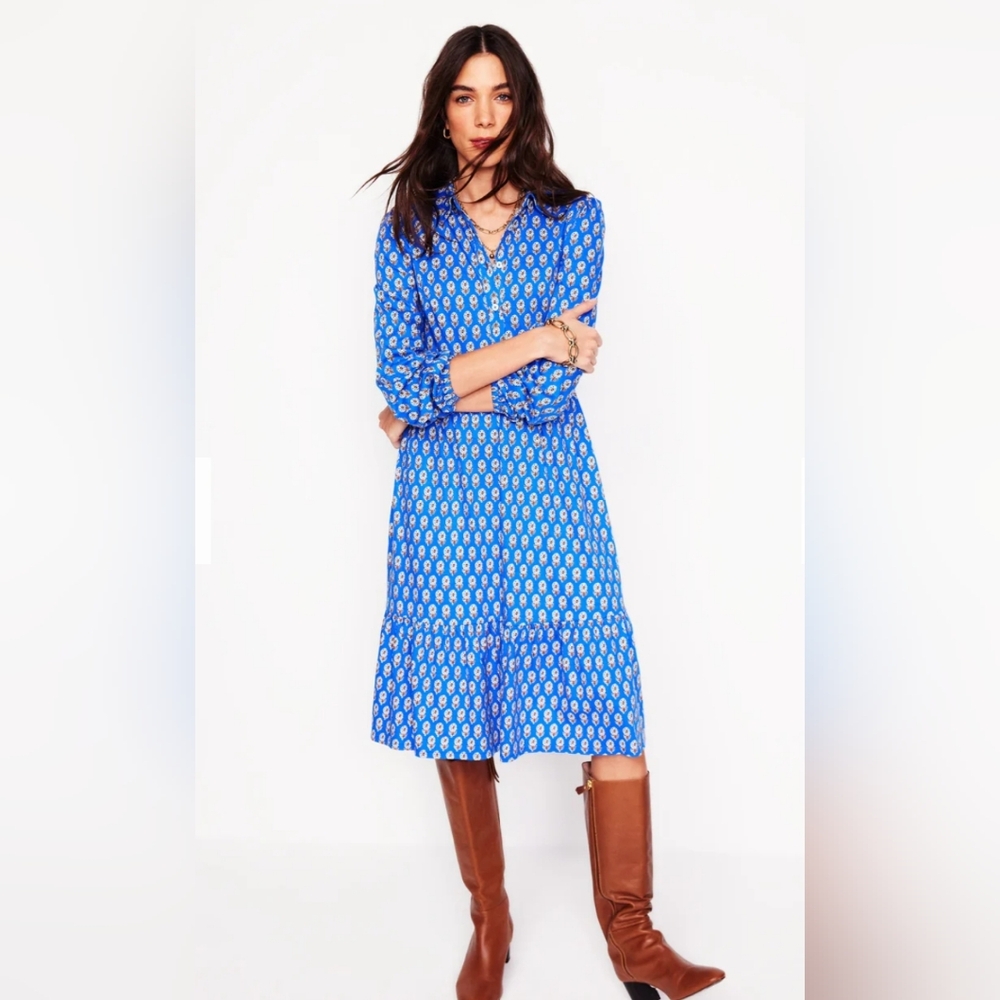 Boden, Jemima Tiered Jersey Dress, Blue With Pockets, Size 8L. NWT